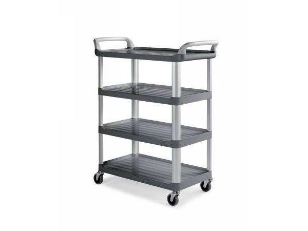CARRO SHELF GRIS CON 4 ESTANTES PLÁSTICOS Y MONTANTES EN ALUMINIO